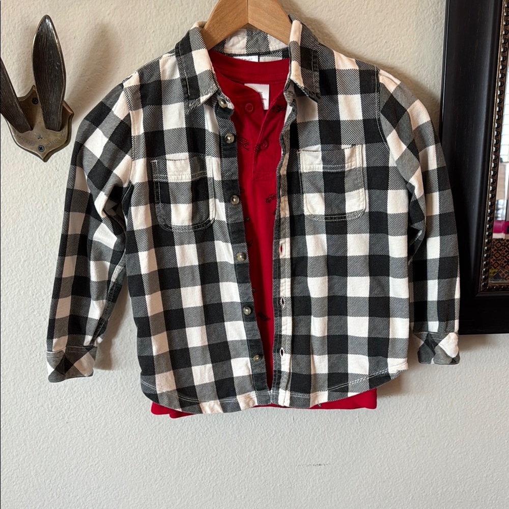 Hanna Andersson Black and White Checkered Shirt and Red Race Car Tee